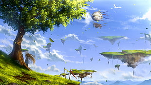 floating island digital wallpaper, anime, birds, leaves, trees