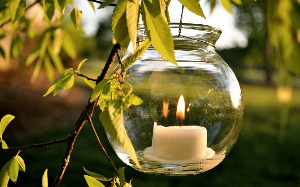 clear glass bowl with lit candle HD wallpaper