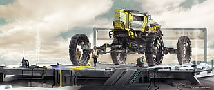 three people near yellow tractor digital wallpaper, artwork, science fiction, David Knapp