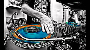 gray turntable, selective coloring, turntables, music, men