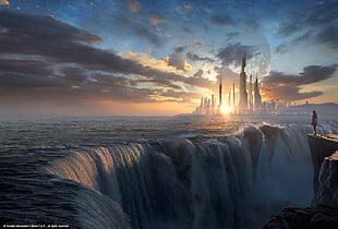 person standing on cliff in front of waterfalls digital wallpaper, fantasy art, sunset, waterfall