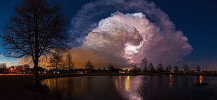 cloud scenery, pond, storm, lightning, nature HD wallpaper