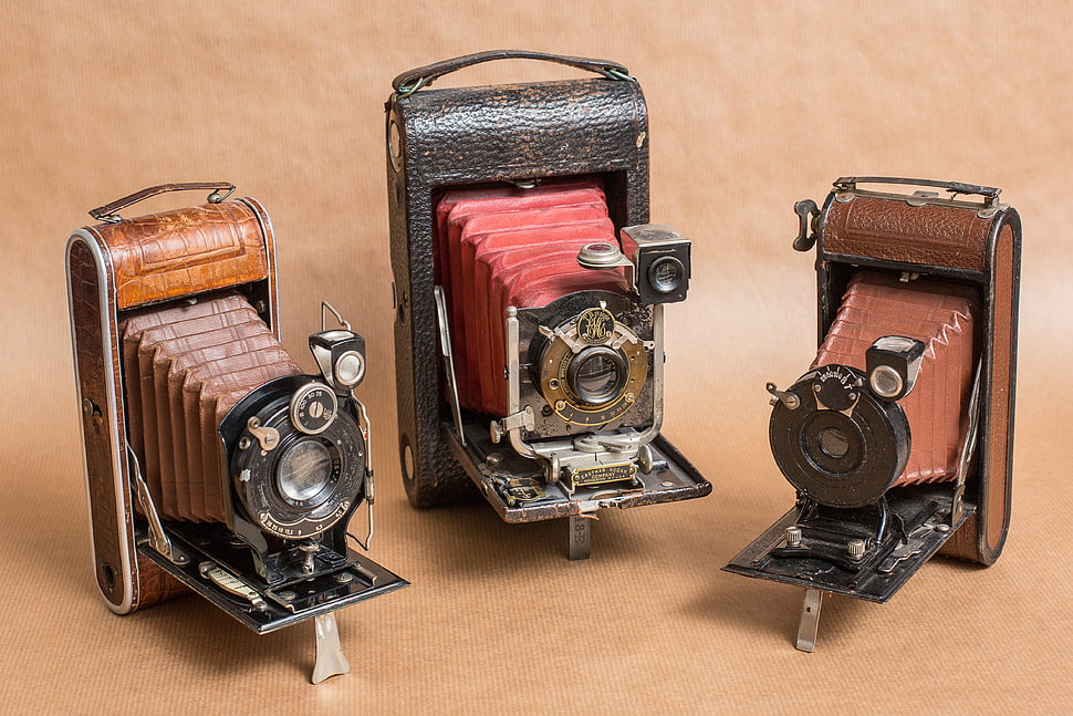 two black-and-brown vintage cameras HD wallpaper