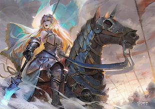 female anime character riding horse digital wallpaper, warrior, armor, magic, Fate Series
