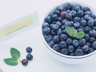 bowl of blueberries on white surface