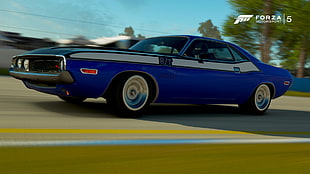 blue and grey coupe, Dodge, Dodge Challenger, car, muscle cars