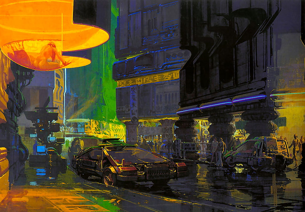 vehicle parked on road oil canvas painting, Bladerunner, artwork, science fiction, Syd Mead HD wallpaper