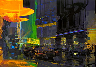 vehicle parked on road oil canvas painting, Bladerunner, artwork, science fiction, Syd Mead