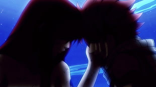 silhouette of two anime characters isolated on blue background, Dragneel Natsu, Scarlet Erza, romantic, sad