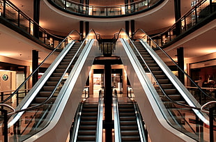 person taking photo of escalator inside building HD wallpaper