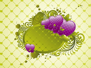 purple and green heart and floral illustration