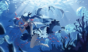 illustration of female anime character, anime, Vocaloid, Hatsune Miku, water