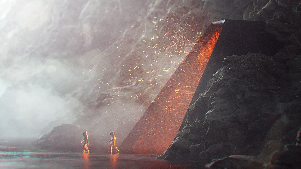 two people walking away from black cave illustration, stuz0r, Stuart Lippincott, priest, Cinema 4D HD wallpaper