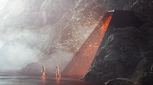 two people walking away from black cave illustration, stuz0r, Stuart Lippincott, priest, Cinema 4D