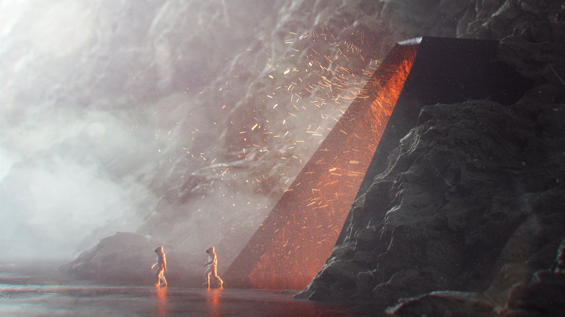 two people walking away from black cave illustration, stuz0r, Stuart Lippincott, priest, Cinema 4D