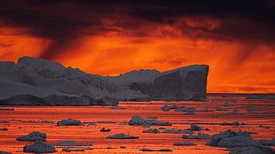 white iceberg, landscape, snow, nature, sunset