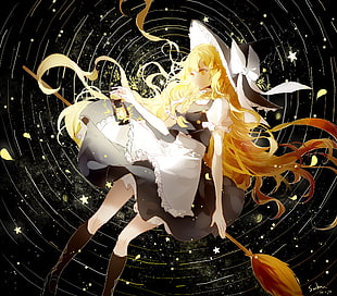 orange haired female anime character, lantern, Kirisame Marisa, Touhou, broom