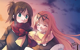 two female anime character under gray clouds digital wallpaper