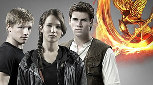 Catching Fire characters wallpaper, movies, The Hunger Games, Jennifer Lawrence, Liam Hemsworth
