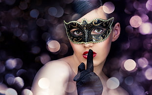 woman wearing black and brown masquerade and black gloves pointing her index finger near her lips HD wallpaper