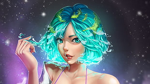 green haired female anime character, Earth-chan, GDecy, blue hair
