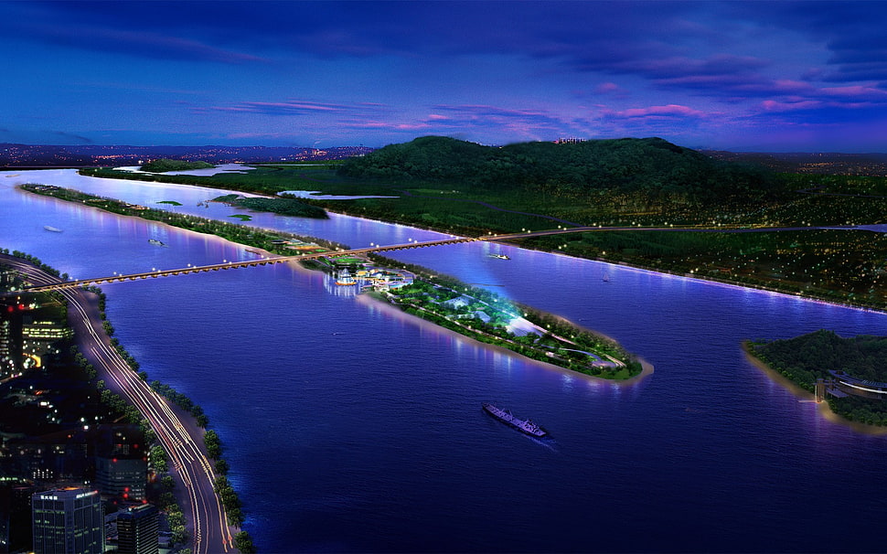 green island below bridge digital wallpaper, landscape, cityscape, 3D, CGI HD wallpaper