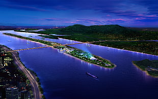 green island below bridge digital wallpaper, landscape, cityscape, 3D, CGI