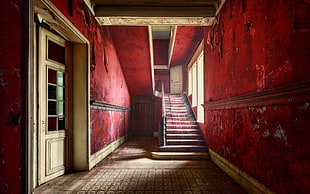 brown and red room interior, stairs, house, red