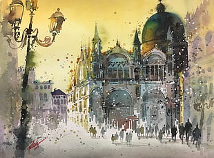 people near gray building painting, artwork, architecture, watercolor, cathedral