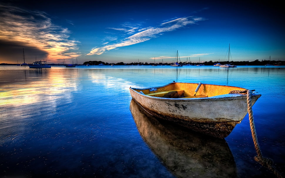 white and yellow wooden boat, boat, harbor, water, sea HD wallpaper