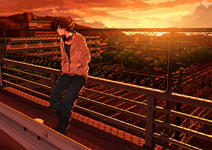 black haired male in brown zipped jacket and black pants leaning on handrail anime during sunset