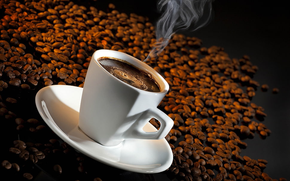 white ceramic mug with saucer, coffee HD wallpaper