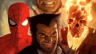 Ghost Rider, Wolverine, and Spider-Man painting, comics, Wolverine, Spider-Man, Ghost Rider