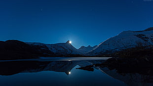 body of water, night, mountains, lake
