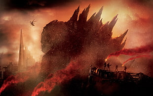 Godzilla illustration, Godzilla, artwork, red, city