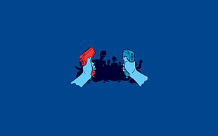 two red and blue pistols digital wallpaper, minimalism, blue background, zombies, humor
