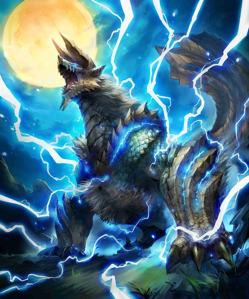 illustration of gray monster with horns and lightning, Monster Hunter HD wallpaper