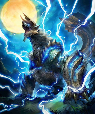 illustration of gray monster with horns and lightning, Monster Hunter