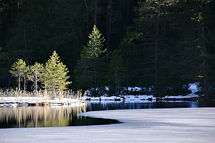 snowy lake during daytime photo HD wallpaper
