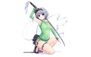 gray haired female anime character holding a katana