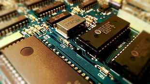 green circuit board in closeup shot, PCB, motherboards, Retro computers, closeup HD wallpaper