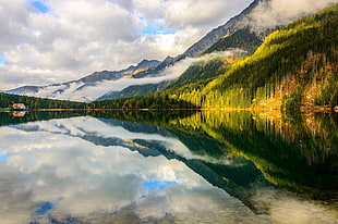 nature photography of lake surrounded by pine trees, mountains, forest, lake, clouds