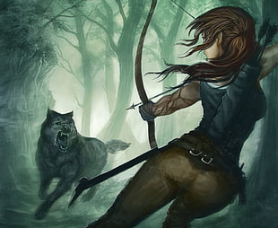 Lara Croft Tomb Raider aiming arrow on wolf digital wallpaper HD wallpaper