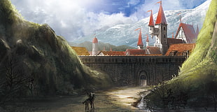 horse outside castle painting, artwork, fantasy art, castle, mountains
