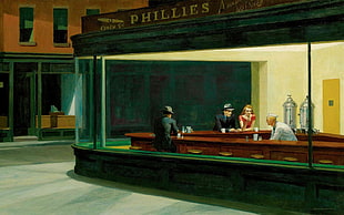 brown wooden framed glass display cabinet, painting, restaurant, Nighthawks, Edward Hopper HD wallpaper