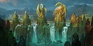 water falls with dragon statue painting, fantasy art