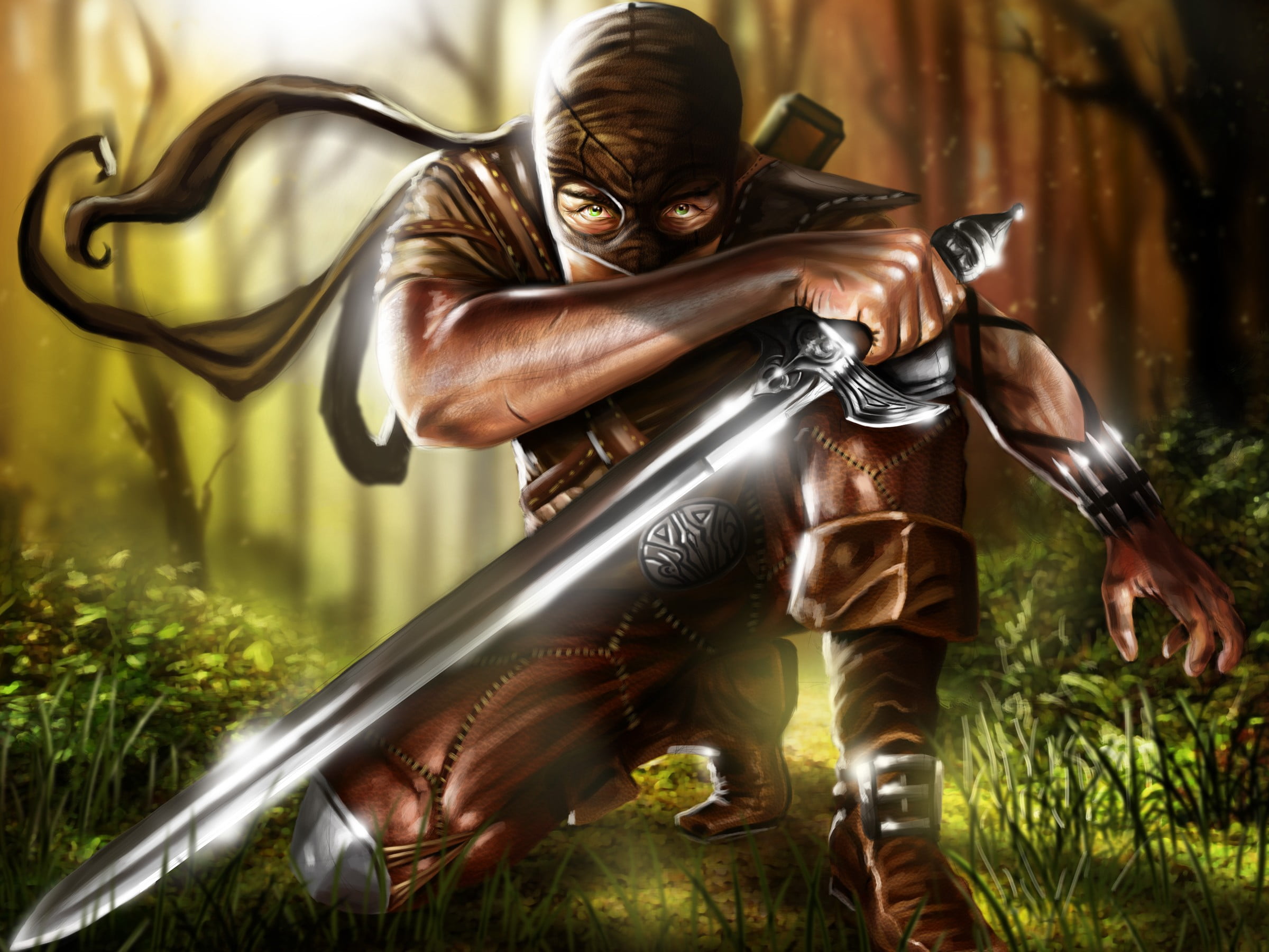 ninja wallpaper, digital art, sword, ninjas, forest