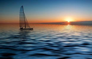 black sail boat, sea, sailboats, boat, Sun HD wallpaper