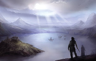 video game application, painting, Vikings, lake
