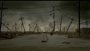 black electric pole lot, city, building, apocalyptic, wasteland